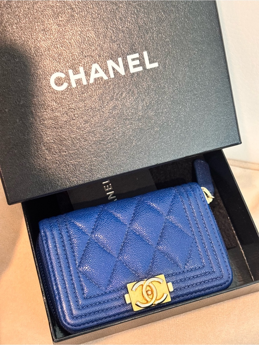 CHANEL Boy Blue Caviar Quilted Leather Zip Around Coin Purse Wallet W/ Box - Picture 15 of 16